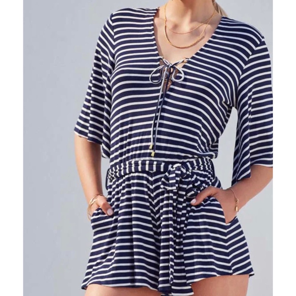 Revolve Lovers + Friends Navy and White Striped Romper
